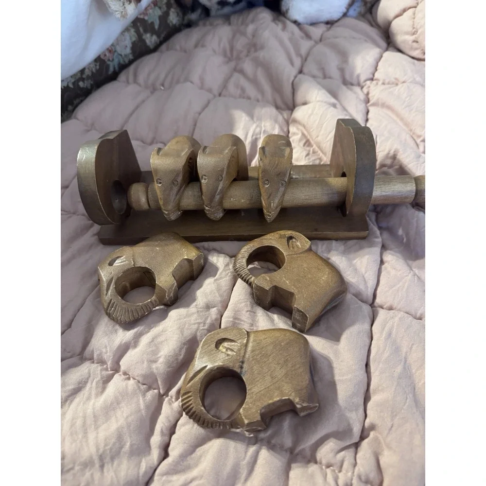 Vintage Hand Carved Wood Elephant Napkin Rings in Holder Set of 6